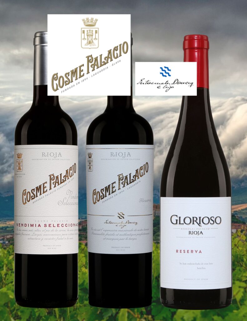 Cosme Palacio: Vendimia Seleccionada, Rioja, 2018, Reserva, Rioja Alavesa, 2018, Glorioso, Reserva, 2017. bouteille