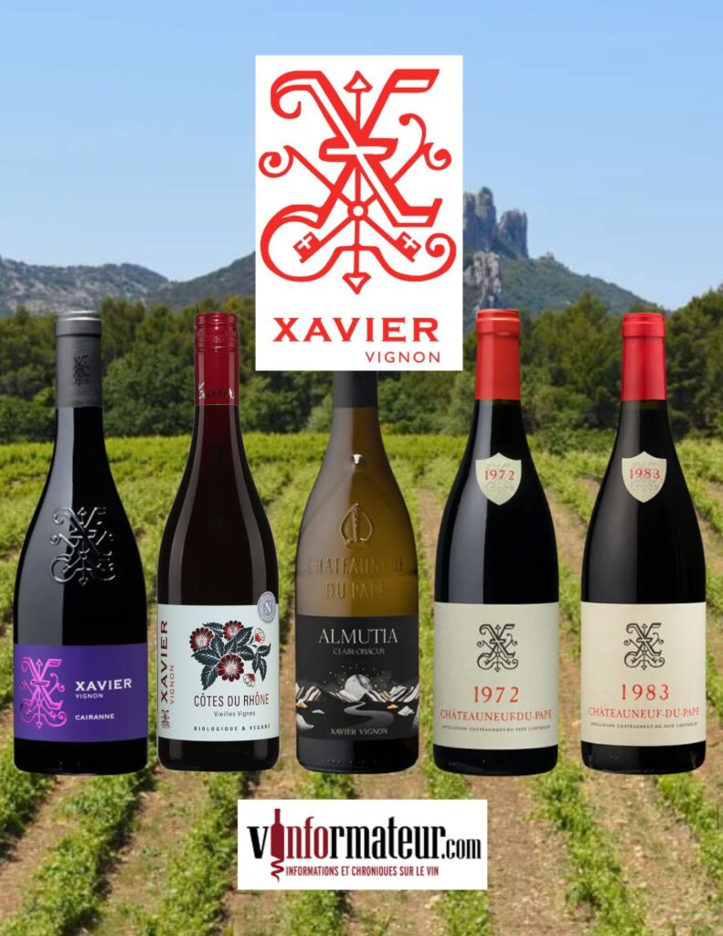 Xavier Vignon: Cairanne, Vieilles Vignes Côtes du Rhône, Almutia Clair-Obscur, Châteauneuf-du-Pape, Châteauneuf-du-Pape 1972 et 1983. bouteilles