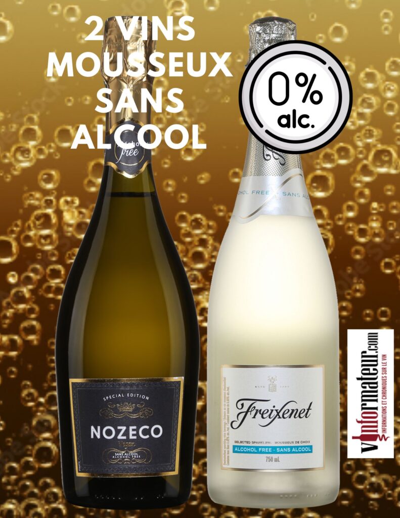 Deux vins mousseux sans alcool: Freixenet, Espagne, 10,50$, cépages : Airén 80 %, Macabeo 20 %, Nozeco, France, France, 750ml, 10,70$, cépages : Muscat 90 %, Chardonnay 10 %. bouteilles