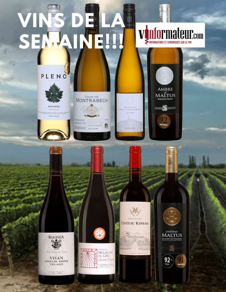 Vins de la semaine: Pleno, Blanco, Tour de Montrabech, Corbières, Riesling, Weingut Burg Ravensburg, Ambre de Maltus, Rhonéa, Notre Dame des Vignes, Visan, Château Mourgues du Grès, Galets Rouges, Château Kefraya, Château de Maltus bouteilles