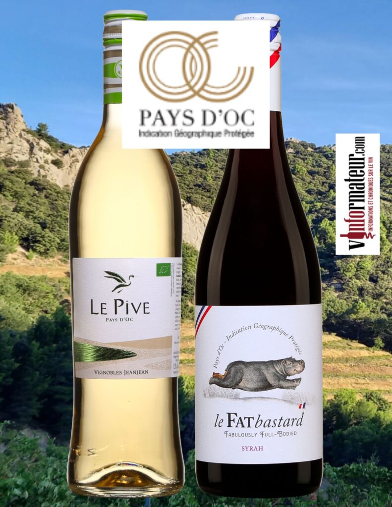 Vins du Pays d'Oc: Le Pive,vin blanc bio, Maison JeanJean, 2022, 17,20$, Fat Bastard, Syrah, Maison Gabriel Meffre, 2022, 14,90$. bouteilles