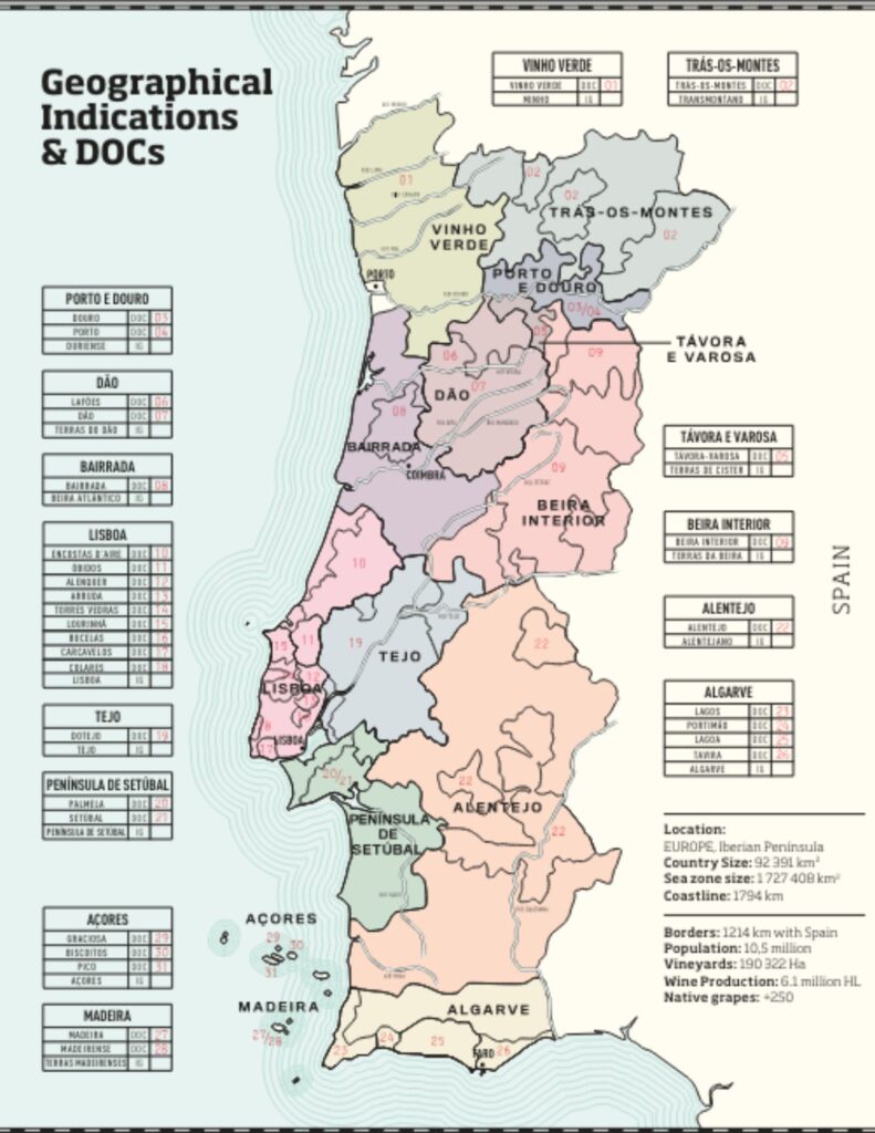 Carte viticole du Portugal et ses 14 régions et 31 DOC