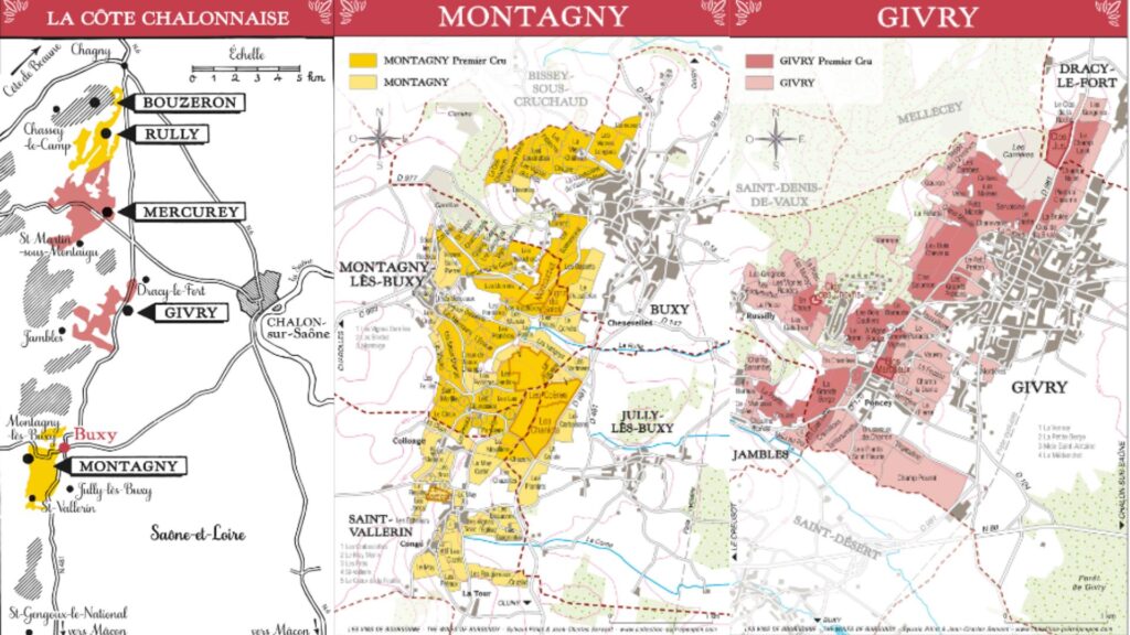 Carte viticole Bourgogne, Côte Chalonnaise: Montagny, Givry.