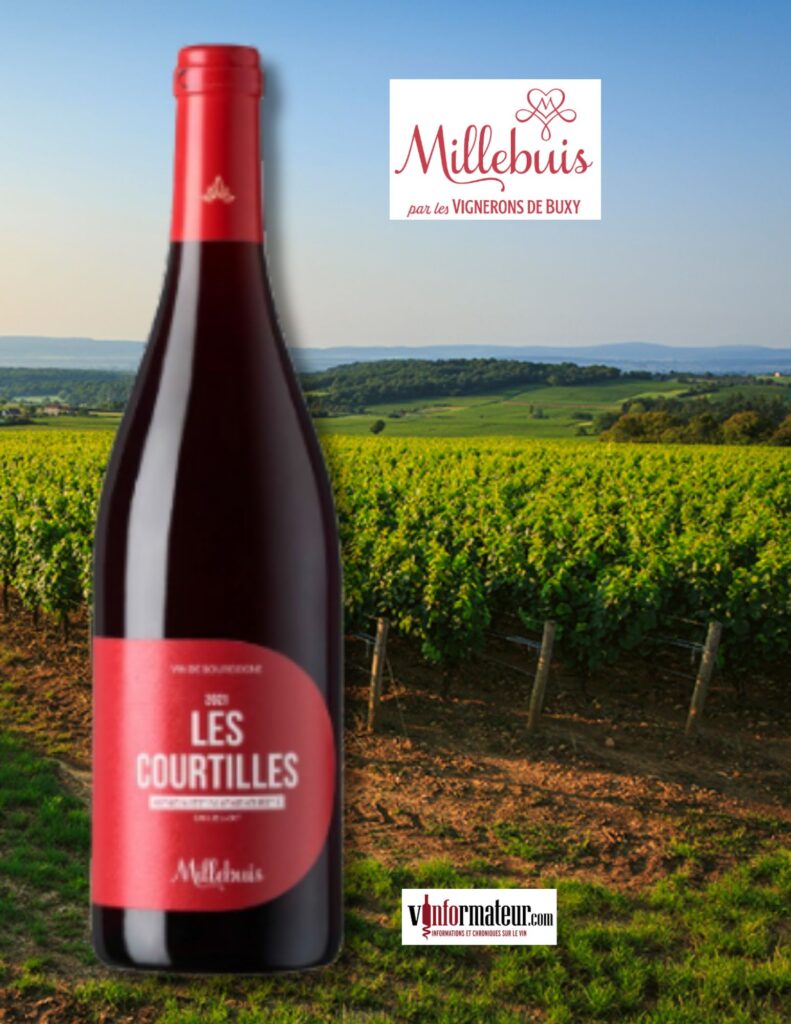 Millebuis (Vignerons de Buxy), Pinot Noir, Bourgogne Côte Chalonnaise, lieu-dit ‘’Les Courtilles’’, vin rouge, 2022 bouteille