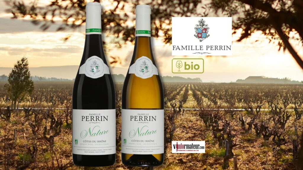 Signature de la Famille Perrin en blanc et en rouge. bouteilles