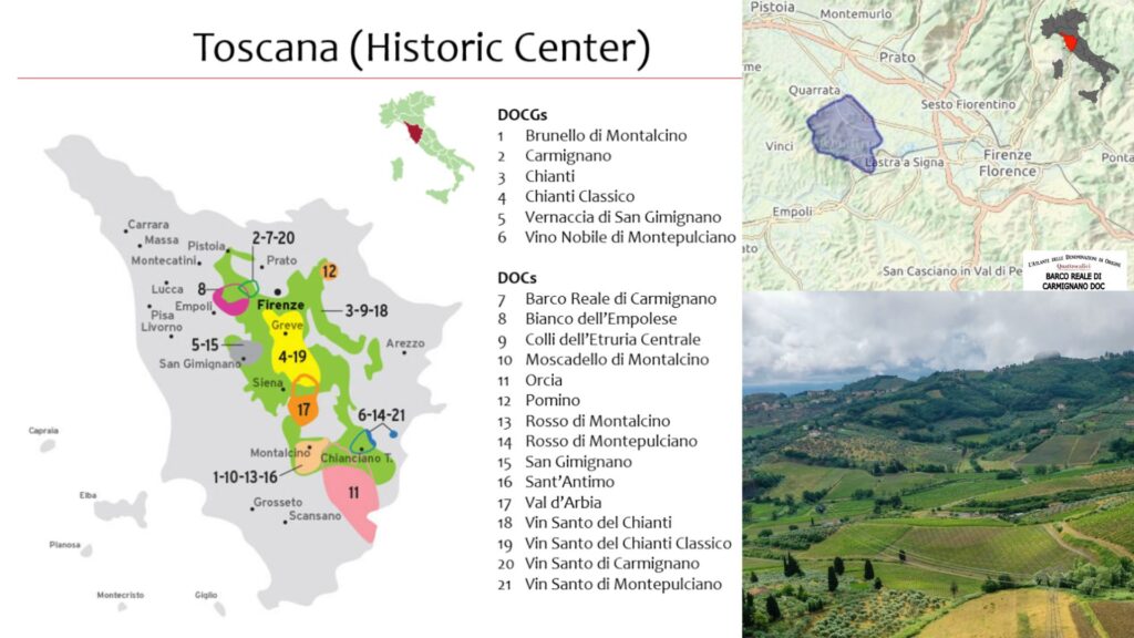 Carte viticole Toscane et Barco Reale di Carmignano DOC