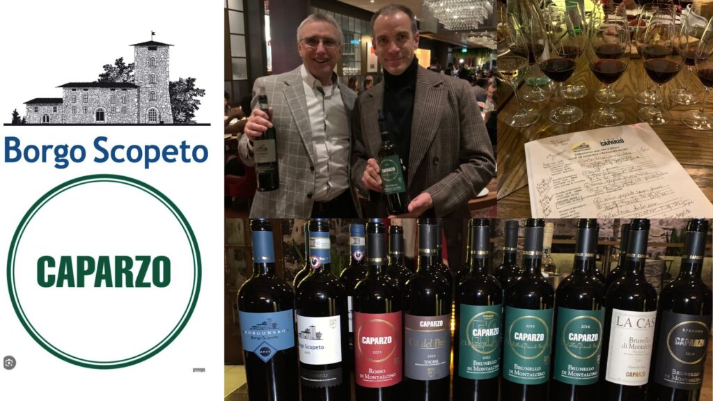 Dégustation des vins Borgo Scopeto et Caparzo avec Mirco Biliorsi de la maison. bouteilles