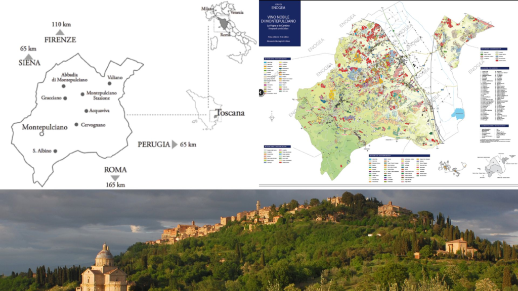 Zone de production Vino Nobile di Montepulciano et village de Montepulciano