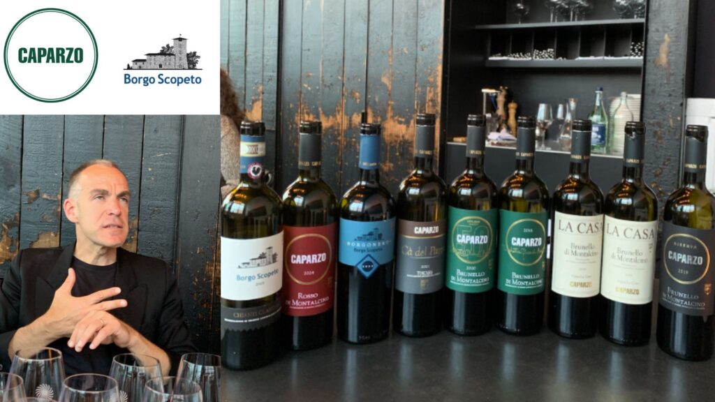 Dégustation des vins de Borgo Scopeto et Caparzo: Mirco Biliorsi de la maison.  bouteilles