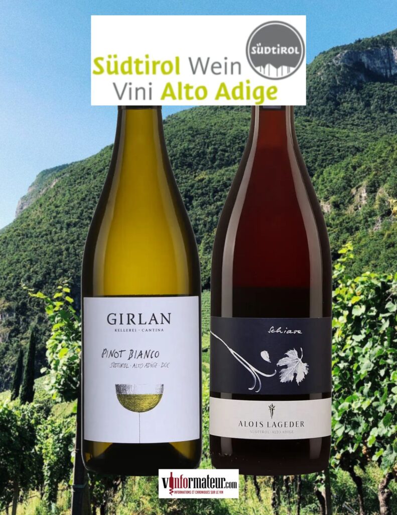 Vins Alto Adige: Girlan Pinot Bianco 2024 et Schiava 2024 Alois Lageder bouteilles
